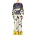 Full-body view of a stylish satin floral set featuring an off-the-shoulder top and wide trousers - Navy Blue Patchwork Floral (Apricot-8)