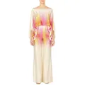 Elegant women's satin two-piece set featuring vibrant pink and yellow digital print - Pink & Yellow Gradient Print (Pink-9)