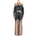 Full view of women's satin printed two-piece set with off-the-shoulder top and wide pants - Blue Beige Black Abstract Splash (Brown-10)
