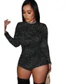 Sexy leopard print long sleeve bodysuit with slim fit and elegant high neck design - S / Tops / Black
