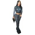 Sexy blue leopard print two-piece set featuring long sleeve crop top and flared pants - Blue