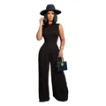 Vue complète d'un mannequin portant un body noir sans manches et un pantalon large. - S / Haut Et Bas / Noir