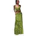 Groene tweedelige set met V-hals halster top en lange maxi rok met sierlijke ruches - S / Boven- En Onderstuk / Groen