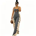 Stylish grey and beige two-tone jumpsuit with leg fringe detailing and chest cutout - S / Gray
