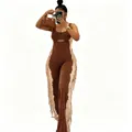 Detail view of sleeveless contrast color jumpsuit with side fringe and front cutout - S / Brown