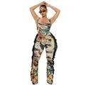 Sexy women's colorful abstract print camisole jumpsuit with long side fringe details - S / Top And Bottom / Colorful Marble Print