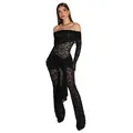 Gedetailleerd beeld van de zwarte kanten textuur op een jumpsuit met blote schouders - S / Top en Broek / Zwart