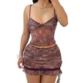Close-up of vintage floral print mesh camisole top and ruffled mini skirt set for women - S / Top And Bottom / Purple