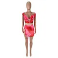 Sexueller rosa Batik-Netz-Zweiteiler mit Neckholder-Crop-Top und Minirock-Set für Damen. - S / Oberteil Und Unterteil / Rot