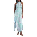 Vista detallada de un vestido de satén con cuello halter y estampado de remolinos - S / Top Y Pantalón / Azul lago