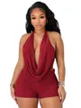 Sexy burgundy mesh two-piece set featuring a halter neck and deep draped front neckline - S / Top And Bottom / Burgundy