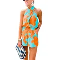 Détail de l'ensemble deux pièces à imprimé floral orange et turquoise avec dos nu - S / Haut Et Bas / Bleu-1