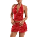 Detailed view of the red polka dot halter top and matching ruffled mini skirt set. - S / Top And Bottom / Red