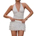 Detail shot of white sexy polka dot halter top and ruffled mini skirt two-piece set. - S / Top And Bottom / White