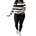 Stylish two-piece women's clothing set with striped long sleeve top and black leggings - S / Top And Bottom / Black