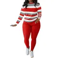 Women's two-piece set featuring a red striped long sleeve top and solid red pants. - S / Top And Bottom / Red