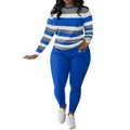 Detailed view of stylish women's two-piece outfit with striped long sleeve top and blue pants - S / Top And Bottom / Blue