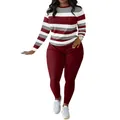 Close-up view of the fashionable striped long sleeve top and matching pants set. - S / Top And Bottom / Burgundy