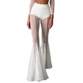 Detail view of sexy white high-waisted sheer mesh flared pants bell bottom trousers - S / Bottoms / White