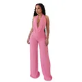 Vue détaillée d'un ensemble deux pièces en mesh rose avec haut dos nu et pantalon. - Rose