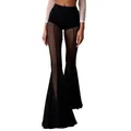 Detailed view of black mesh flare pants with sheer paneling and a sexy high-waisted fit - S / Bottoms / Black