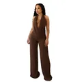 Ensemble sexy deux pièces en résille marron avec haut licou et pantalon large - Marron