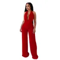 Ensemble deux pièces rouge sexy avec haut licou à col bénitier et pantalon large. - Rouge