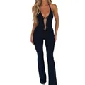Elegant sexy black halter neck jumpsuit with deep V-neck ruffled detail and flared pants - S / Top And Bottom / Black