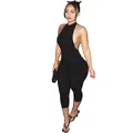Sexy black halter neck backless skinny jumpsuit for women with high waist and hip-wrapping - XS / Top And Bottom / Black