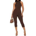 Elegant close-up of brown sleeveless halter high-neck tight-fitting jumpsuit on model - XS / Top And Bottom / Brown