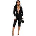 Detailed view of sexy black jumpsuit featuring deep plunging neck and white cuffs - S / Top And Bottom / Black