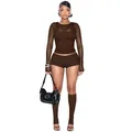 Sexueller brauner vierteiliger Mesh-Anzug mit langärmeligem Oberteil und passenden Shorts - S / Oberteil Und Unterteil / Braun