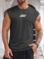 Close-up of men's dark grey breathable mesh gym tank top with white stripe print - S / Tops / Gray (White Print)