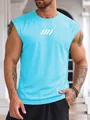 Close-up detail of a light blue breathable mesh tank top for men's fitness sports - S / Tops / Light Blue (White Print)