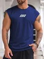 Close-up of breathable mesh fabric and graphic print on blue sleeveless muscle tank - S / Tops / Navy Blue (White Print)