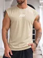 Close-up of men's beige mesh sleeveless fitness tank top with geometric chest print - Khaki (White Print)