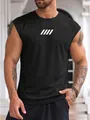 Men's muscle fit sleeveless gym tank top with breathable mesh and chest print - S / Tops / Black (White Print)