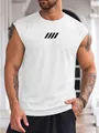 Close-up detail of a white breathable mesh sleeveless gym tank top for men's fitness - White (Black Print)