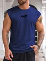 Athletic male model wearing a blue sleeveless mesh gym tank top with a simple chest graphic - Navy Blue (Black Print)