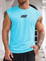 Close-up of men's sky blue breathable mesh gym tank top with muscle fit detail - Light Blue (Black Print)