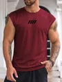 Detail view of men's burgundy mesh fitness tank top showing muscle fit and texture - Dark Red (Black Print)
