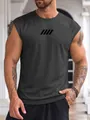 Detail of a charcoal grey men's breathable mesh sleeveless gym vest with chest graphic - Grey (Black Print)