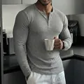 Slim fit grey ribbed muscle long sleeve henley shirt for men workout and casual wear - S / Tops / Light Gray