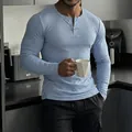 Men's muscle fit ribbed long sleeve Henley shirt in a stylish light blue color - S / Tops / Light Blue