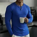 Men's athletic slim fit long sleeve ribbed Henley T-shirt in vibrant royal blue color - S / Tops / Blue