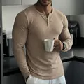 T-shirt henley cintré à manches longues pour homme en maille côtelée kaki - Kaki