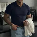 Men's navy blue ribbed knit Polo shirt with V-neck for summer casual fitness wear - Navy Blue