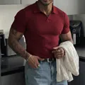 Slim fit men's burgundy ribbed V-neck polo shirt for summer fitness and casual lifestyle - Dark Red