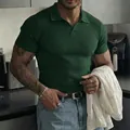 Dark green ribbed knit short sleeve polo shirt for men featuring a V-neck and slim fit design - Green