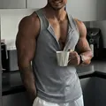 Men's grey ribbed fitness tank top with multi-button henley collar design - XL / Tops / Light Gray